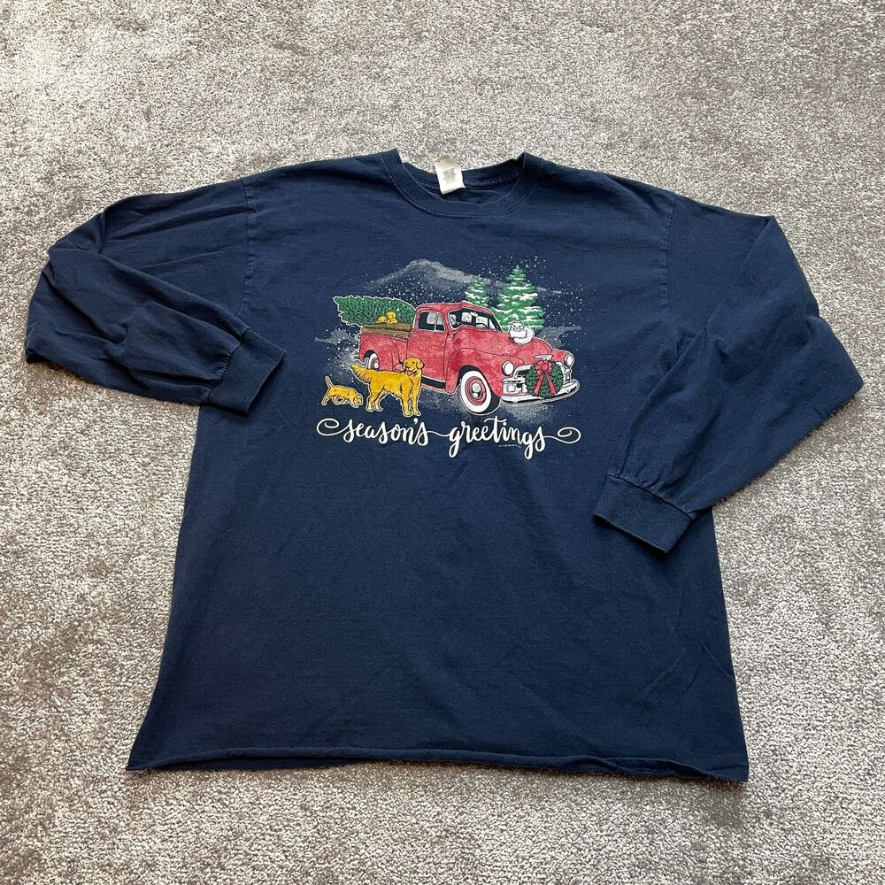 Gildan Shirt Mens Large Ultra Cotton Seasons Greetings Blue Christmas Xmas Tee